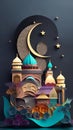 3D colorful illustration mosque with a crescent moon and stars in the night sky, Eid Mubarak greeting card design on a black Royalty Free Stock Photo