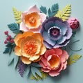 3D colourful paper flowers. Beautiful vibrant floral background. Handmade festive decoration