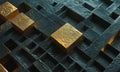 3D complex geometric pattern black and gold cubes, with some cubes overlapping and others standing alone.