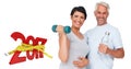 3D Composite image of happy fit couple with dumbbell and water bottle Royalty Free Stock Photo