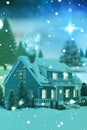 3D Composite image of illuminated turquoise house covered in snow