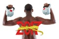 3D Composite image of rear view of shirtless fit man lifting kettle bells