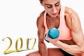 3D Composite image of strong woman doing bicep curl with blue dumbbell Royalty Free Stock Photo