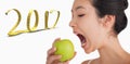 3D Composite image of woman biting into apple Royalty Free Stock Photo