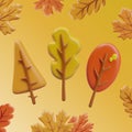 3D composition of autumn trees of different shapes. Vector poster in plasticine style