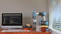 3D computer Generated image: COBOT and model of AGV in LAB Royalty Free Stock Photo