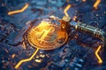 A 3D concept art of a golden Bitcoin key unlocking a digital lock on a blockchain