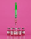 3d concept of green syringe and bottles with vaccine on pink background. Coronavirus vaccine injection. 3D Illustration