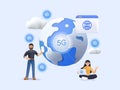 3D Concept high speed internet 5G. Smartphone wireless technology, wifi connection. 3D cartoon tiny people workers Royalty Free Stock Photo