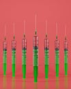 3d concept on medical theme. Green syringes on a pink background. Stylish concept. Injection against coronavirus 3d illustration Royalty Free Stock Photo