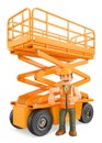 3D Construction worker with a scissor lift