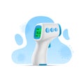 3D contactless infrared thermometer on background of abstract shapes and virus. Vector illustration of temperature