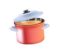 3D Cooking pan icon. Cooking pot, Boiled water in pots, pasta in saucepan and scrambled eggs in dripping pan, vector Royalty Free Stock Photo