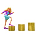 3D Cool Business Lady Cartoon Illustration Climb up a Golden Stone