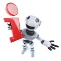 3d Cool robot mechanical man holding an information symbol