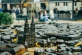 A 3D copper miniature of zagreb`s city map with focus to the Zagreb Cathedral and its neighborhood covered with yellow autumnal