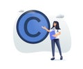 3D Copyright render vector illustration. Concept of intellectual property, copyright, authorship rights. 3D woman lawyer