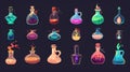 The 2D cork antidote phial isolated wizard rpg gui sheet concept of a magic potion bottle animation with spill. Fantasy