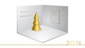 3D corner of a room or cubic box, realistic exhibition stand. Gold Christmas tree on a display stand. Happy new year