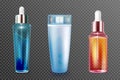 3d cosmetic bottles set, glass container with dropper, plastic package with spray Royalty Free Stock Photo