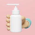 3d cosmetic lotion, foam, liquid Soap bottle, hand holding gel pump style isolated on pink background. hand sanitizer container, Royalty Free Stock Photo
