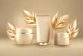 3d cosmetics background, gold cream vector package mockup with realistic leaves. Elegant cosmetic scene