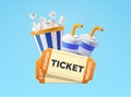 3d couple movie coupon tickets, paper glass drinks, popcorn, isolated on background. Concept for theatre, entertainment