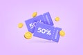 3D coupons. Discount voucher and money. Sale tickets. Gift code or shop bonus. Special offer free percent. Render