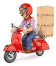 3D Courier delivery man delivering a package by scooter motorcycle