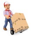 3D Courier delivery man pushing a hand truck with boxes Royalty Free Stock Photo