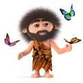 3d Crazy hairy caveman surrounded by butterflies