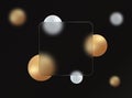 3D creative glass morphism background. Transparent glass banner with gold and white geometric spheres on a black Royalty Free Stock Photo