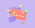 3d credit card with lock. Blocked money in bank account. Online payment protection. Money safety. Blocked bank card.illustration