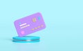 3d credit card with stage podium isolated on blue background. saving money wealth business, cashback money refund concept, 3d