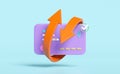 3d credit card with transfer arrows, check marks isolated on blue background. saving money wealth business, cashback money refund