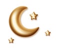 3d crescent moon and star for Ramadan Kareem decorations design element isolated. Realistic half moon gold metal icon.