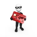 3d criminal with red credit card in hands.