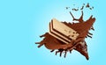 3d crispy wafer sticks with hot chocolate splash whirlpool isolated on blue background. advertising for packaging, 3d render