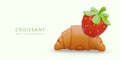 3D croissant and strawberry, detailed image. Advertising of pastries with berry filling