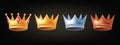 3D crown game badge set, golden silver bronze queen king vector majestic tiara icon kit royal logo.