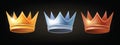 3D crown game badge set, vector golden silver bronze queen king majestic tiara icon kit royal logo.