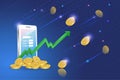 3D crypto currency coins falling to growth graph trading platform on smart phone. Bitcoin investment growth profit, defi Royalty Free Stock Photo