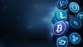 3D cryptocurrency coins on blue background. Bitcoin, Litecoin, Ethereum, Tether, Trust, Ton and Solana on blurred scene