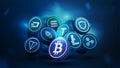 3D cryptocurrency coins in dark blue scene. Bitcoin, Litecoin, Ethereum, Tether, Trust, Ton and Solana