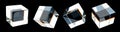 3d crystal glass holographic transparent cubes on black background render icon. Abstract geometric block shape set with