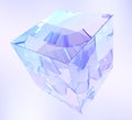 3d crystal glass transparent cube with clear ribbon wave line inside render. Chromatic rainbow geometric block, glossy