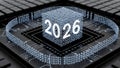 3D cube with 2026 numbers on circuit board, digital technology concept Royalty Free Stock Photo