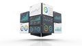 3D Cube of Digital Dashboards Displaying Various Financial Charts and Graphs data Royalty Free Stock Photo
