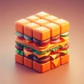 3D Cube-Shaped Hamburger with cheese.