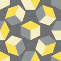 3D cube vector seamless pattern background. Free floating yellow grey cubes on textured terrazzo backdrop. Abstract